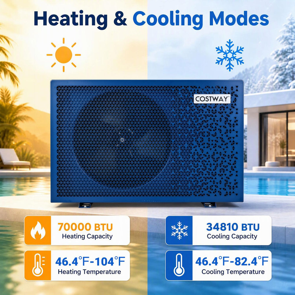 70000 BTU swimming pool heat pump in blue, suitable for pools up to 21419 gallons, with heating and cooling modes.