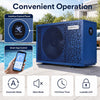 70000 BTU swimming pool heat pump in blue with smart app control, suitable for pools up to 21,419 gallons for efficient heating.