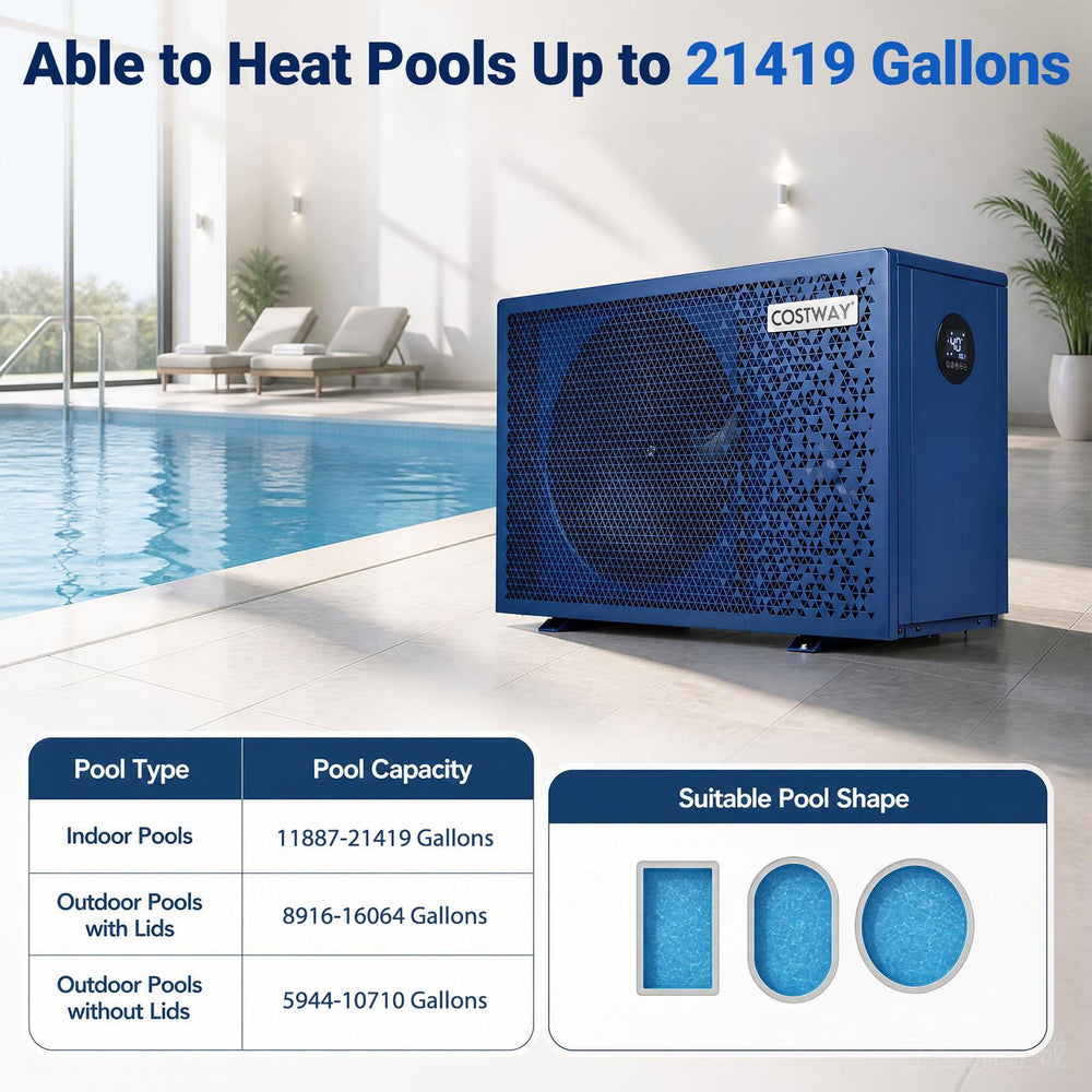 70000 BTU swimming pool heat pump in blue, suitable for pools up to 21419 gallons with timer and smart app control.