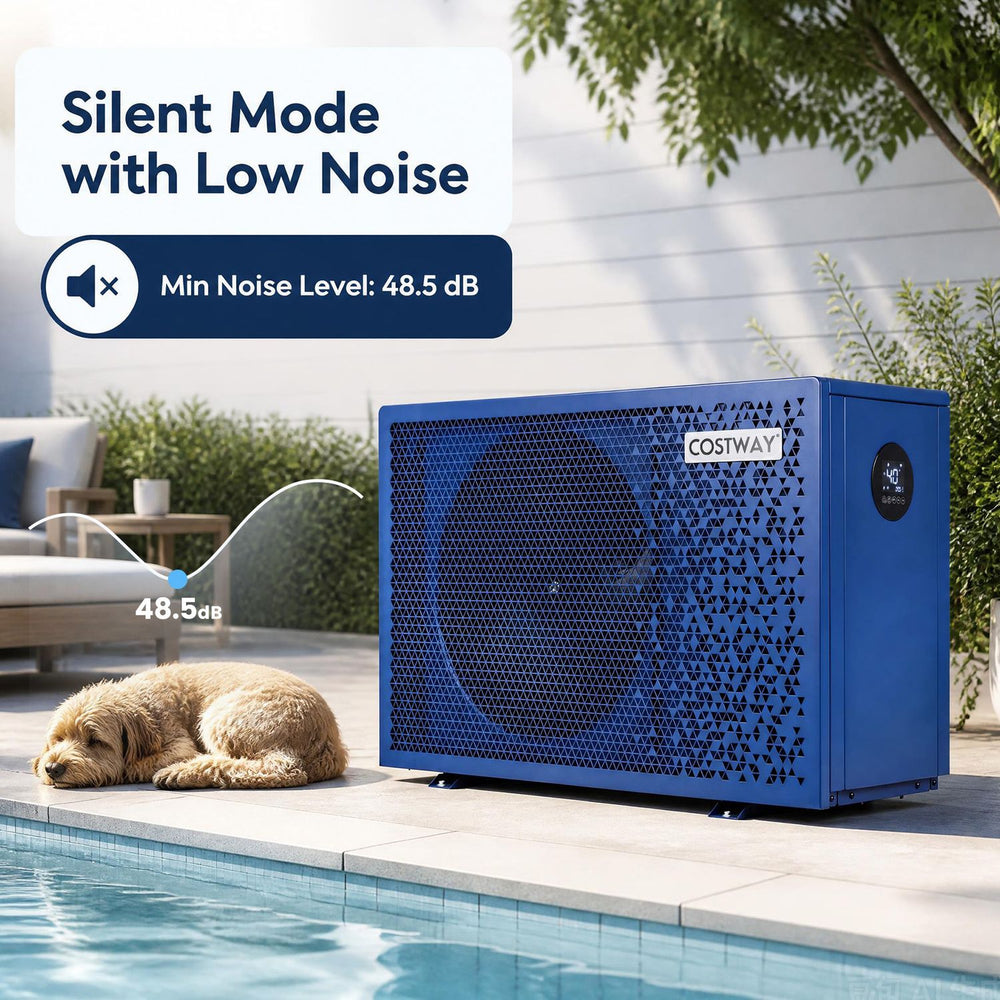 70000 BTU swimming pool heat pump in blue with silent mode, suitable for pools up to 21,419 gallons for efficient heating.