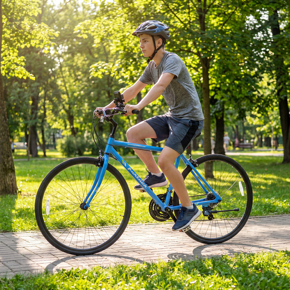 Blue 700C hybrid bike with 18-speed Shimano drivetrain and phone holder, perfect for outdoor cycling adventures.