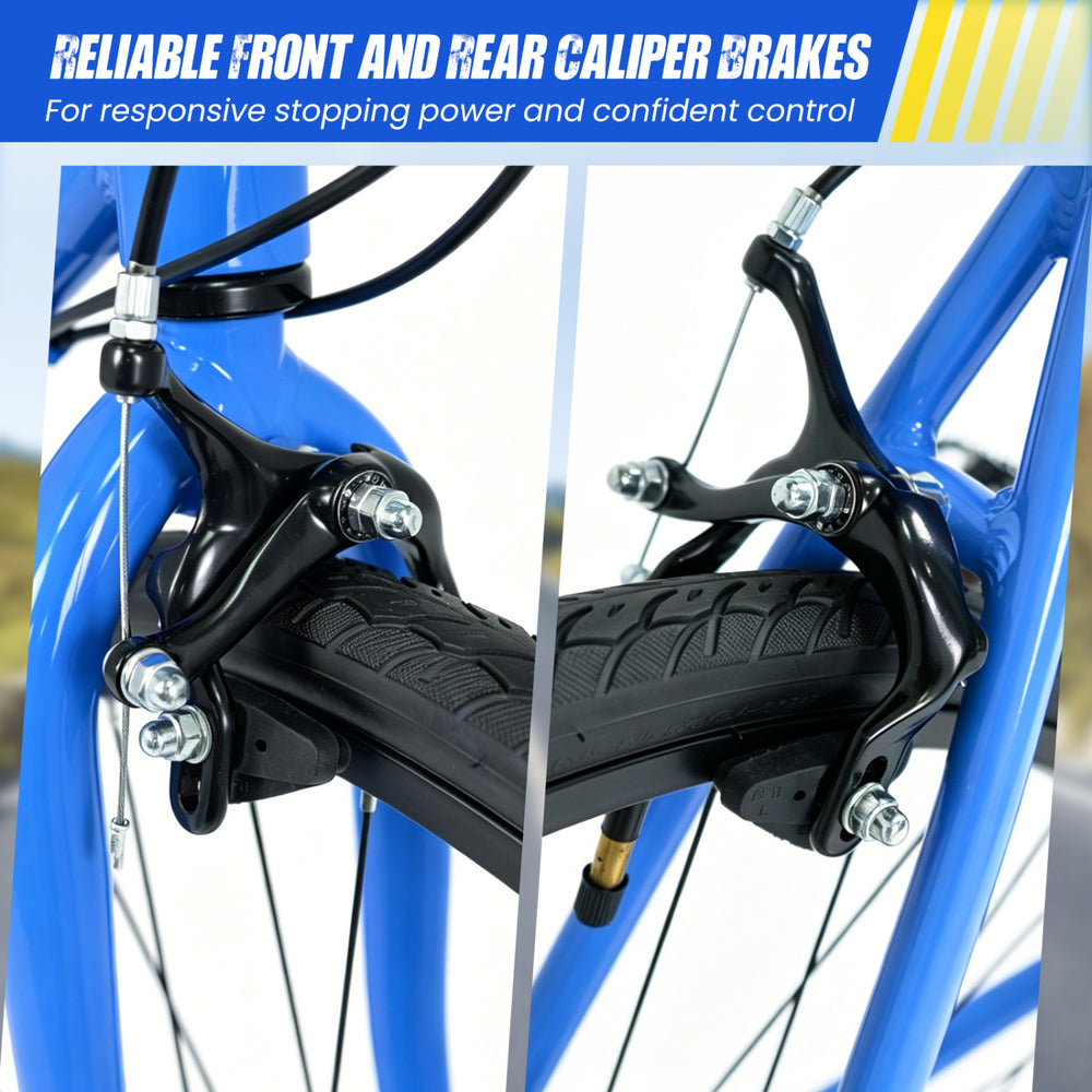 Close-up of reliable front and rear caliper brakes on a blue 700C hybrid bike for responsive stopping power.