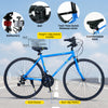Blue 700C hybrid bike with 18-speed Shimano drivetrain, height-adjustable saddle, and phone holder for adult riders.