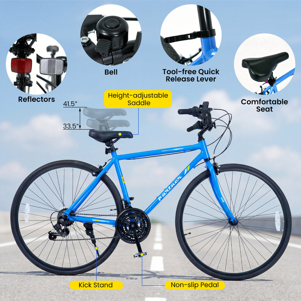 Blue 700C hybrid bike with 18-speed Shimano drivetrain, height-adjustable saddle, and phone holder for adult riders.
