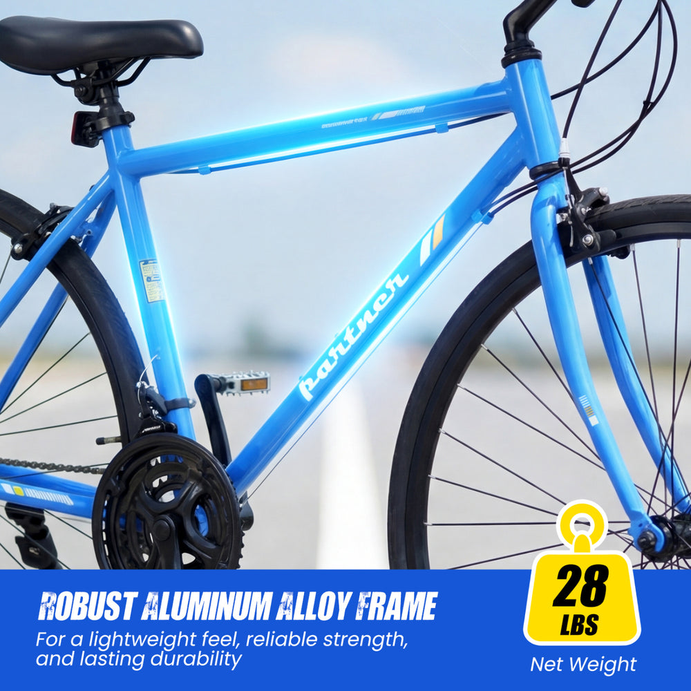 Close-up of the blue 700C hybrid bike showcasing the robust aluminum alloy frame for lightweight durability.