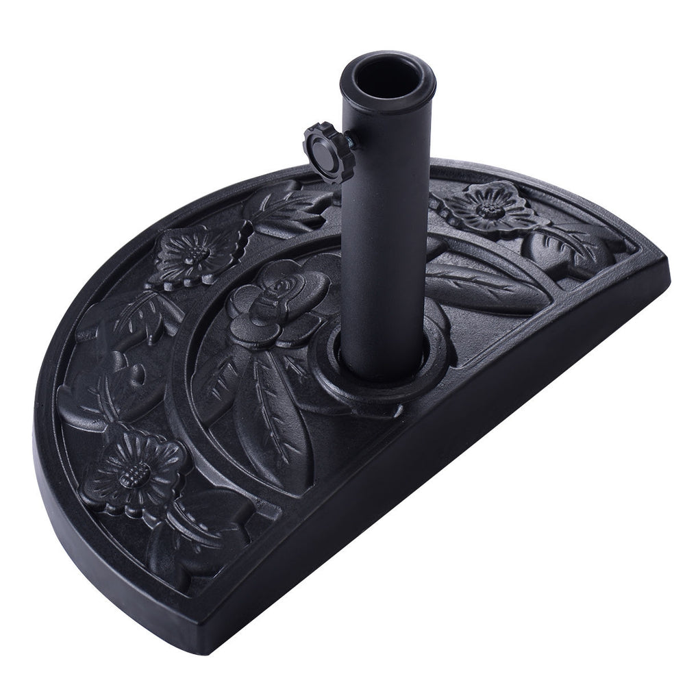 Half round outdoor patio umbrella base with ornate flower design, made of rust-free resin in antique black finish.