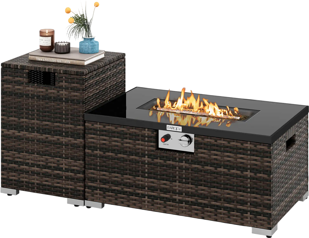 2-piece outdoor rattan fire table set with black tempered glass top, 40,000 BTU output, and tank cover for versatile.