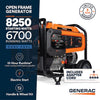 Generac GP6700E DF open frame generator key highlights graphic (8250 starting watts, 6700 running watts, 13-hour runtime, electric start, 3-year limited warranty)