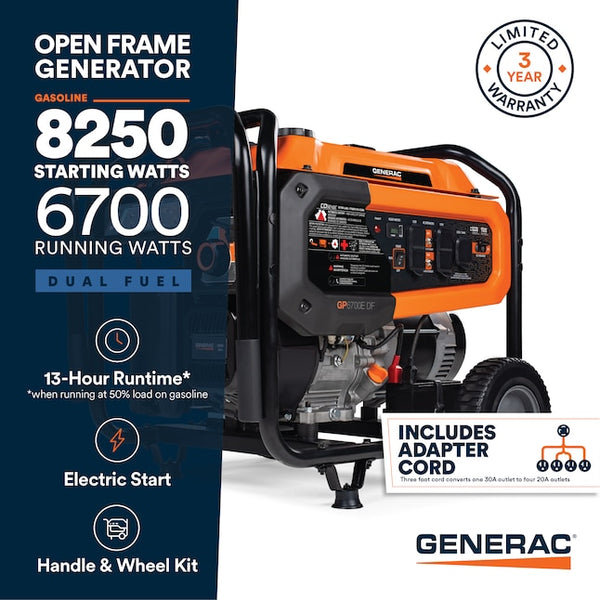 Generac GP6700EDF 6700/8250W Generator Dual Fuel Gas Propane Electric ...