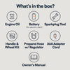 What's in the box graphic (engine oil, battery, sparkplug tool, handle & wheel kit, propane hose with regulator, 30A adapter cord, owner's manual)