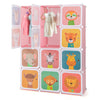 Colorful kids' wardrobe closet with 12 storage cubes, featuring animal designs for playful organization in a child's.