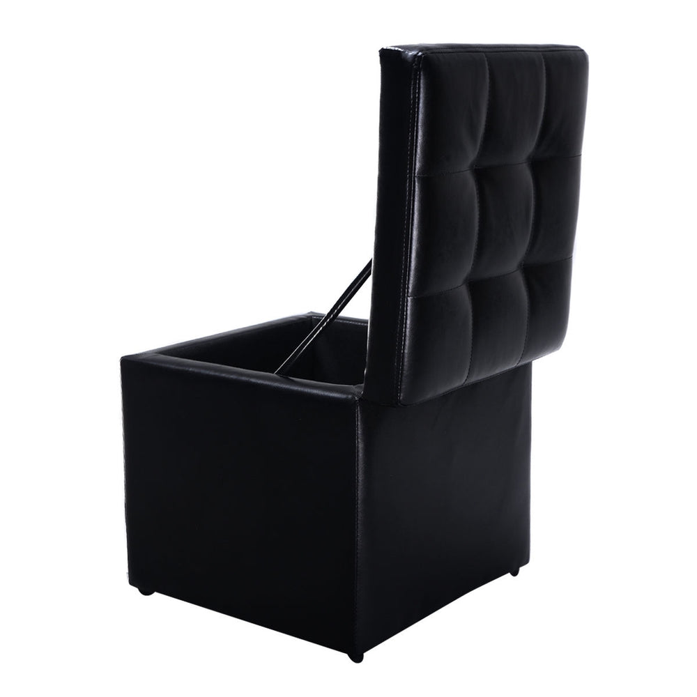 Black foldable cube ottoman pouffe with cushioned top and storage space, perfect for organizing toys and accessories.