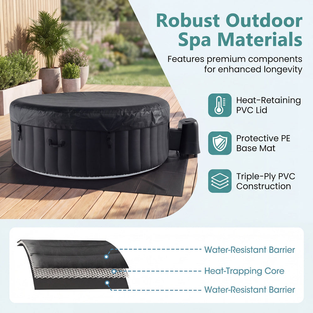 Round SPA pool with 110/130 air jets, reinforced PVC walls, and insulated cover for outdoor relaxation.