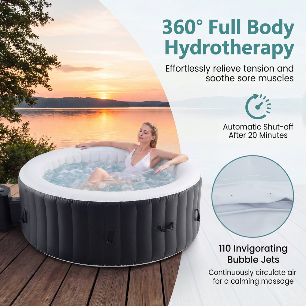 Round SPA pool with 110 air jets, featuring reinforced PVC walls and an insulating cover for effective hydrotherapy.