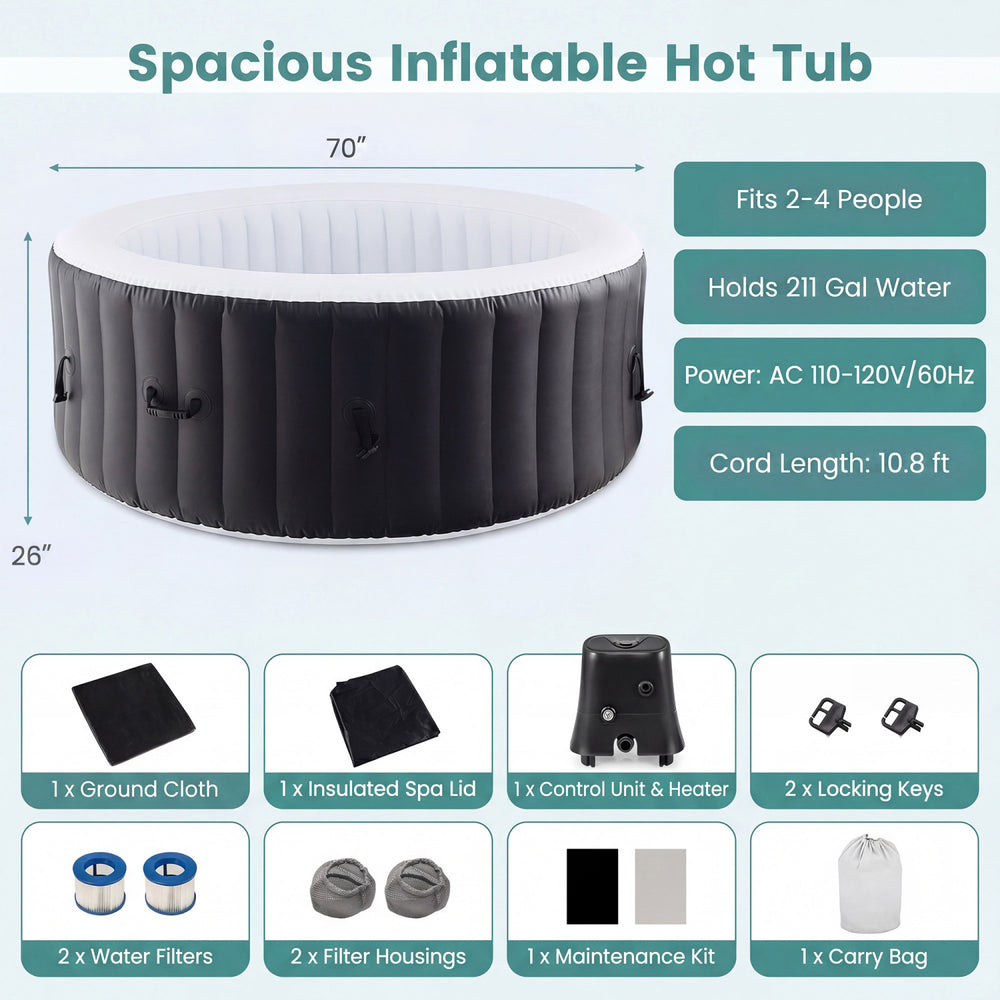 Spacious 70-inch inflatable hot tub with reinforced PVC walls, 110/130 air jets, and energy-efficient heating for 2-4.