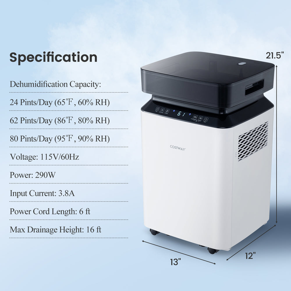 70-pint dehumidifier with LED display, adjustable humidity, and 4 wheels for easy mobility in home or basement use.