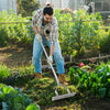Aluminum lawn rake with long handle and 19 curved tines, ideal for loosening soil and leveling garden beds.