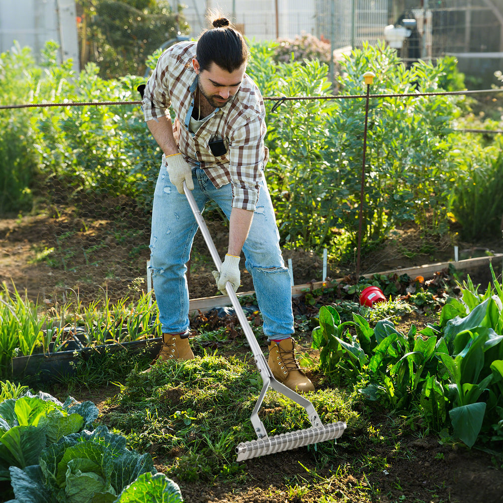 Aluminum lawn rake with long handle and 19 curved tines, ideal for loosening soil and leveling garden beds.