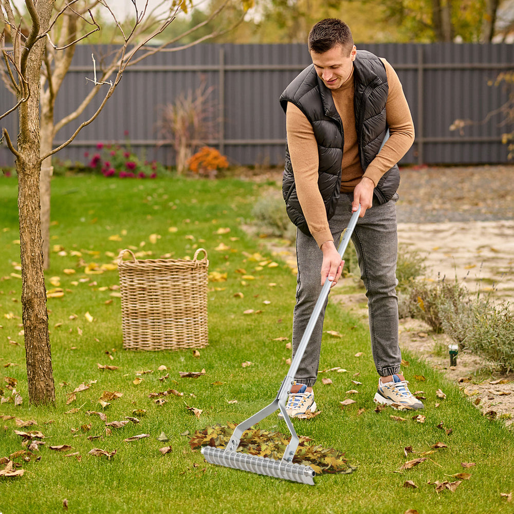 Aluminum lawn rake with long handle and 19 curved tines, ideal for loosening soil and collecting leaves in the garden.