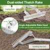 20-inch aluminum lawn rake with adjustable angle head and 19 curved tines for efficient sod laying and soil leveling.