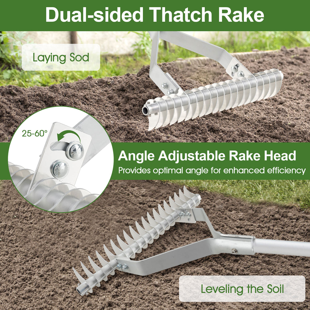 20-inch aluminum lawn rake with adjustable angle head and 19 curved tines for efficient sod laying and soil leveling.