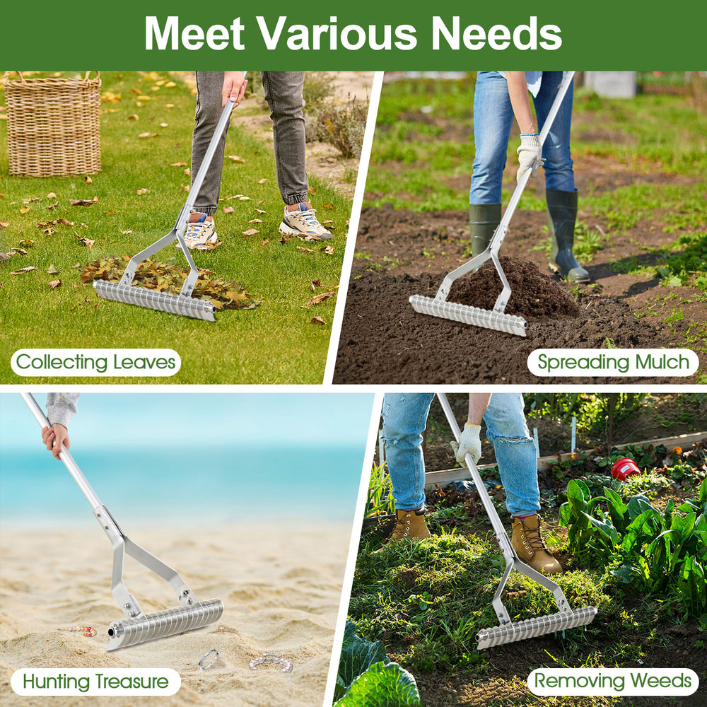 20-inch aluminum lawn rake with 19 curved tines, ideal for collecting leaves and spreading mulch in gardens.
