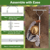 20-inch aluminum lawn rake with 19 curved tines, showing assembly steps for easy setup and optimal soil loosening.