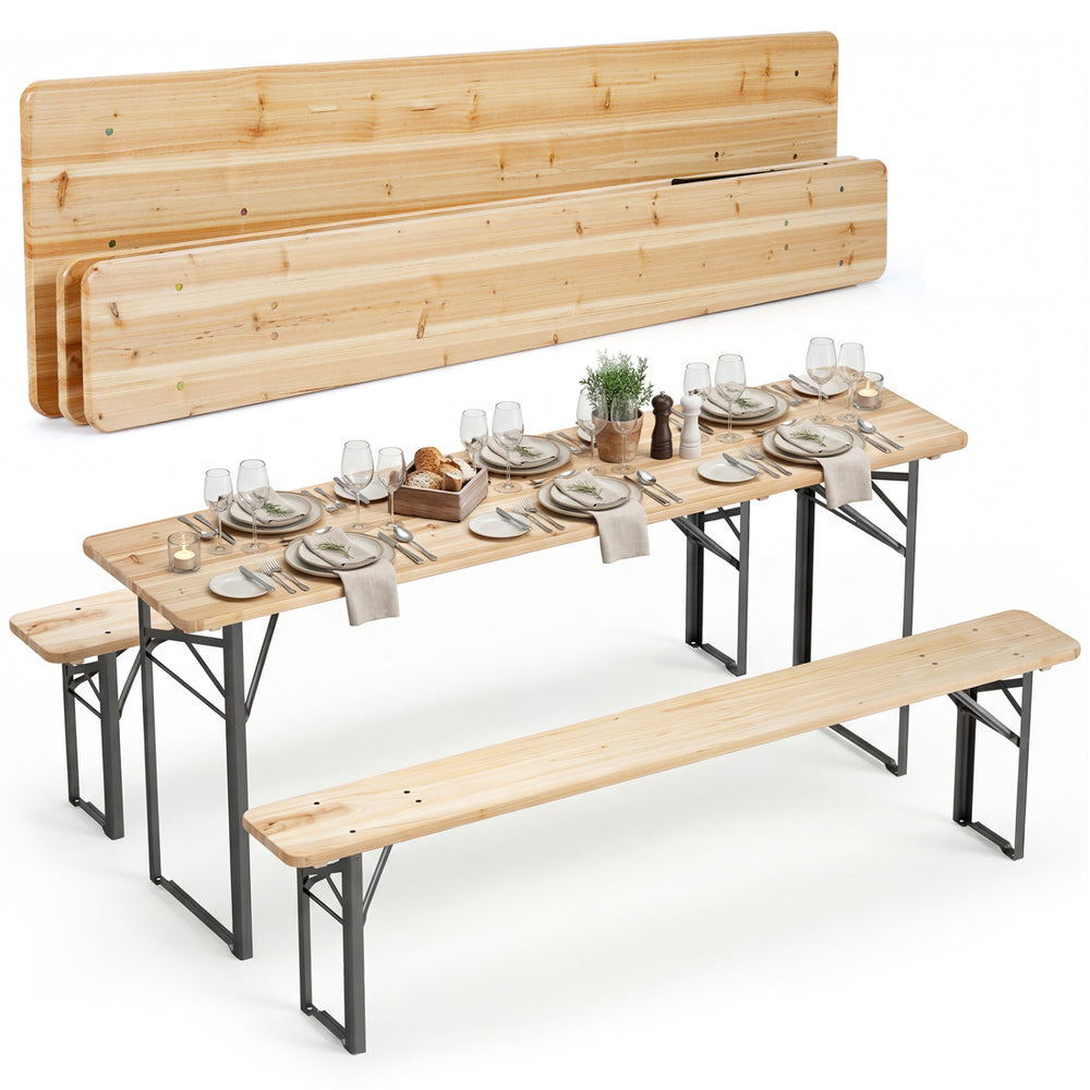 Folding picnic table with benches made of fir wood, seating 6, ideal for outdoor gatherings in patio or garden.