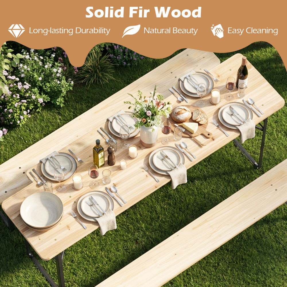 Folding picnic table with benches made of solid fir wood, seating 6, perfect for outdoor gatherings in the garden.