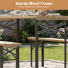 Folding picnic table with benches featuring a sturdy metal frame and solid fir wood, perfect for outdoor gatherings.