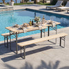 Folding picnic table set with fir wood surface and metal frame, seating 6, ideal for outdoor gatherings by the pool.
