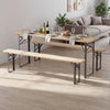 Folding picnic table with benches made of fir wood and metal frame, seats 6, perfect for patio gatherings.
