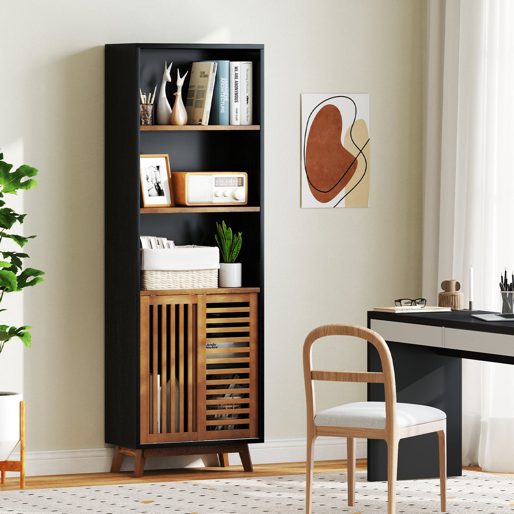 70-inch black 5-tier bookshelf with adjustable shelves and sliding doors, perfect for living rooms and studies.