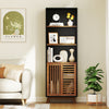 70-inch 5-tier bookshelf in black with adjustable shelves, sliding doors, and solid wood legs for living room storage.