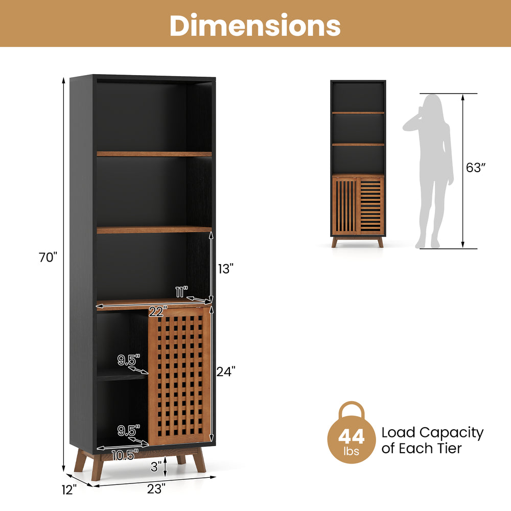 70-inch black 5-tier bookshelf with adjustable shelves and sliding doors, ideal for living rooms and studies.