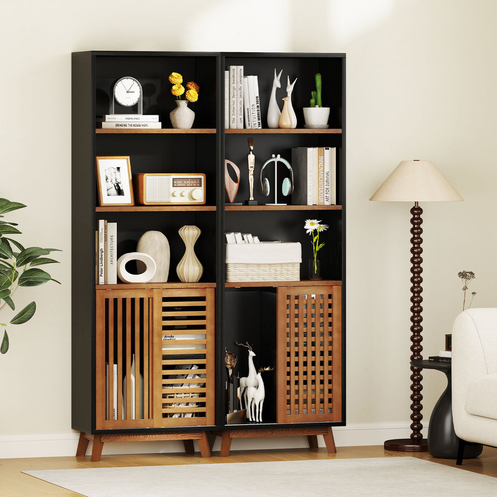 70-inch 5-tier bookshelf in black with adjustable shelves and sliding doors, perfect for living rooms and studies.