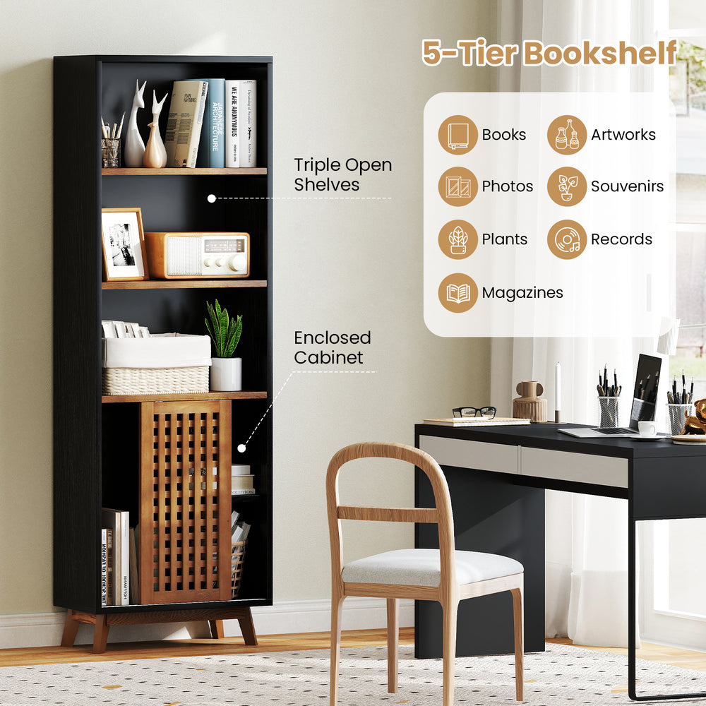 70-inch black 5-tier bookshelf with triple open shelves and enclosed cabinet, ideal for living rooms and studies.