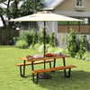 Outdoor dining table set for 6 with acacia wood, adjustable 10-foot umbrella, and sturdy metal base for outdoor use.
