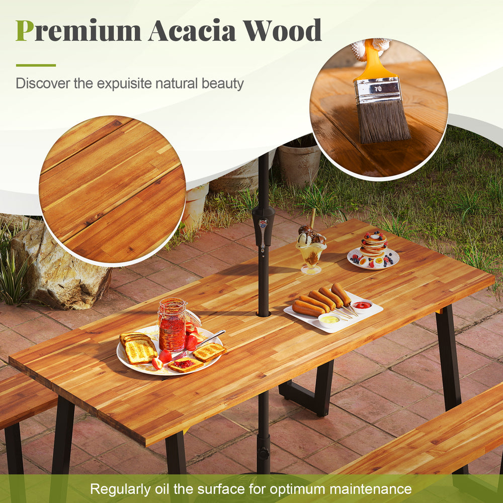 Outdoor dining table set featuring premium acacia wood, ideal for 6, with an adjustable umbrella for optimal shade.
