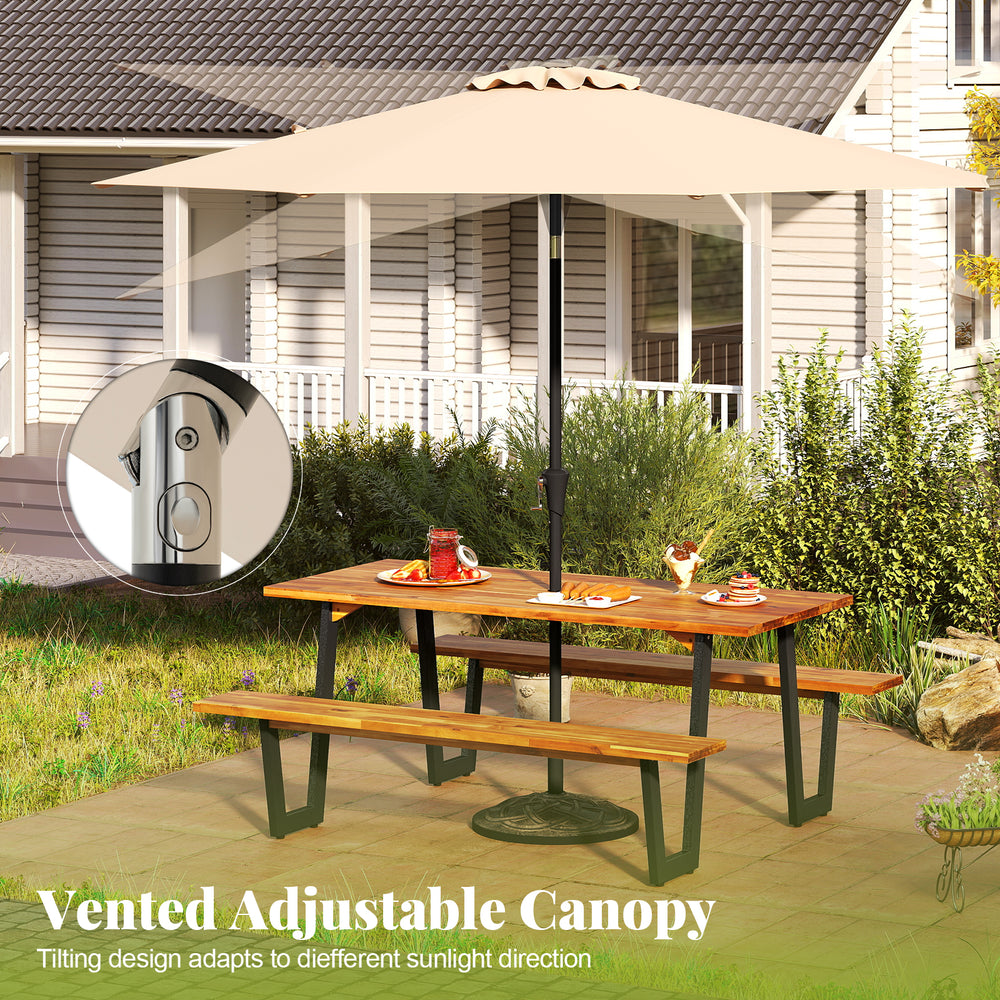 Outdoor dining table set for 6 featuring a 10-foot adjustable umbrella and sturdy acacia wood for outdoor gatherings.