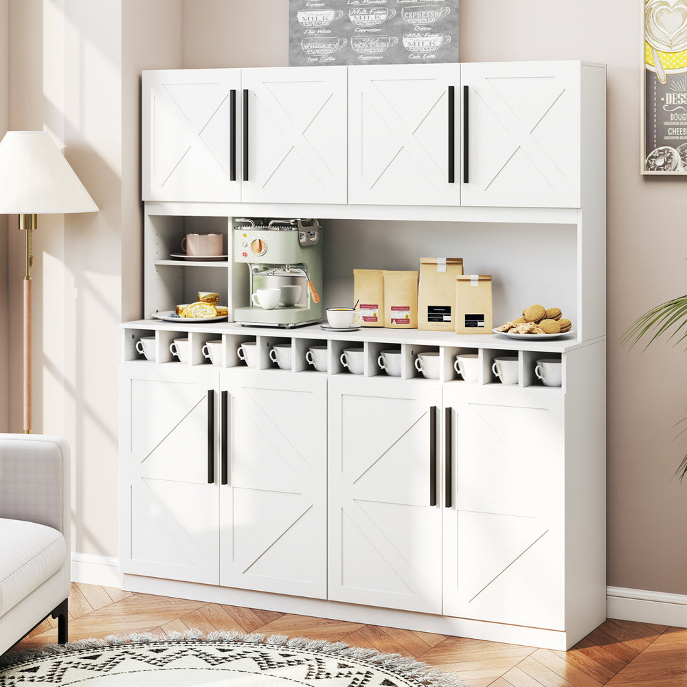 70-inch white farmhouse pantry cabinet featuring 4 cabinets, 2 open shelves, and a 12-bottle wine rack for versatile.