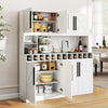 70-inch farmhouse pantry cabinet in white with 4 cabinets, 2 open shelves, and a 12-bottle wine rack for stylish.