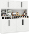 70-inch white farmhouse pantry cabinet with 4 cabinets, 2 open shelves, and a 12-bottle wine rack for stylish storage.