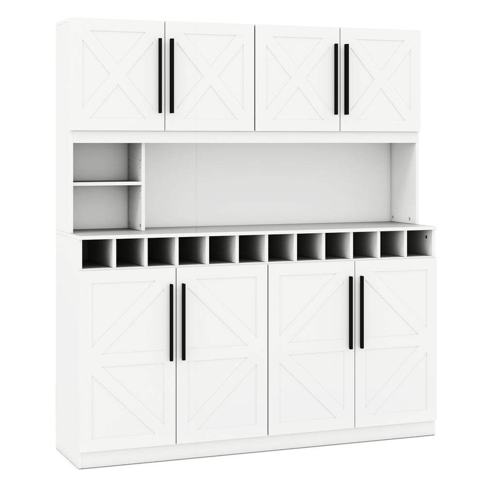 70-inch white farmhouse pantry cabinet with 4 cabinets, 2 open shelves, and a 12-bottle wine rack for versatile storage.