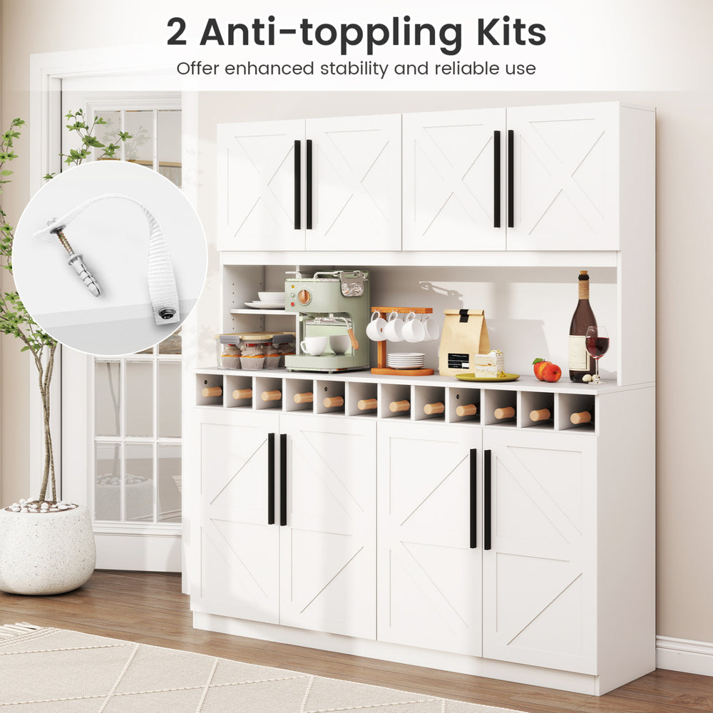Farmhouse pantry cabinet white finish with 2 anti-tipping kits for enhanced stability in kitchen or dining room.