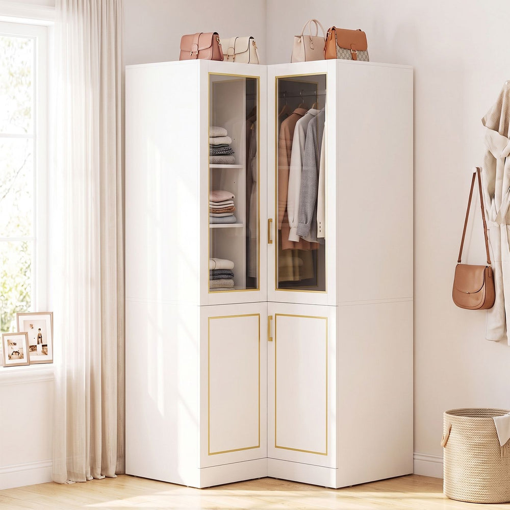 L-shaped white armoire closet with gold accents features adjustable shelves and a sturdy hanging rod for versatile storage.