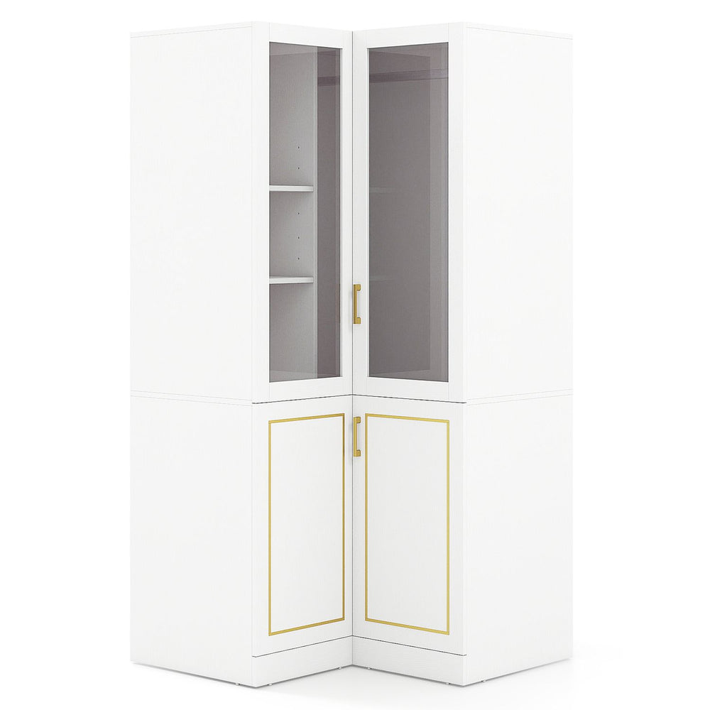 L-shaped white armoire closet with gold accents, featuring adjustable shelves and a sturdy hanging rod for versatile storage.
