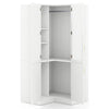 L-shaped white armoire closet with adjustable shelves, hanging rod, and compact design for corner spaces in any room.