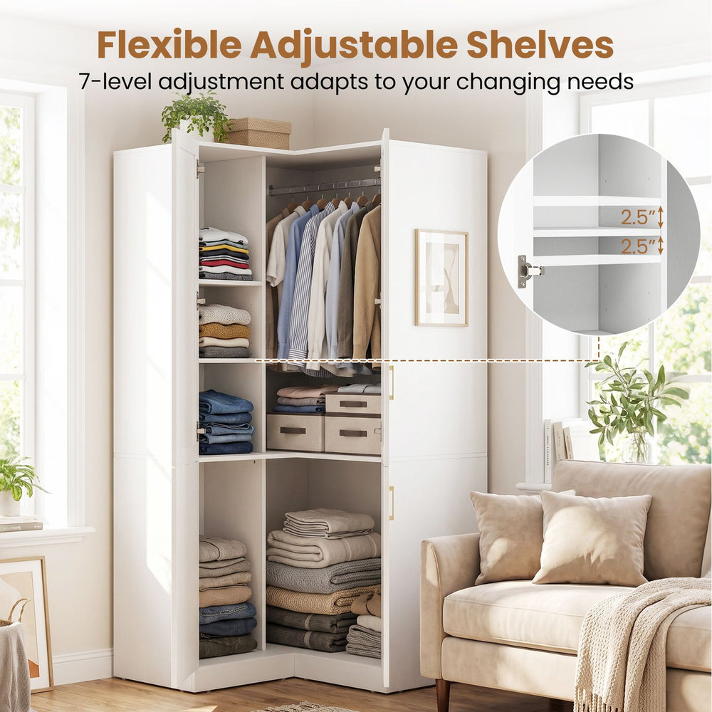 L-shaped white armoire closet features 7 adjustable shelves and a hanging rod, perfect for organizing clothes and accessories.