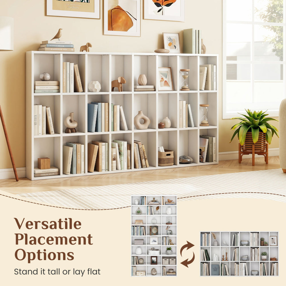 70-inch tall bookshelf with 24 cube storage compartments and adjustable shelves, perfect for living room or home office organization.